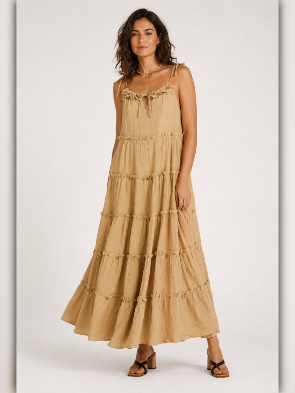 A023 • Tan Tiered Cotton Gauze Ruffle Maxi Dress